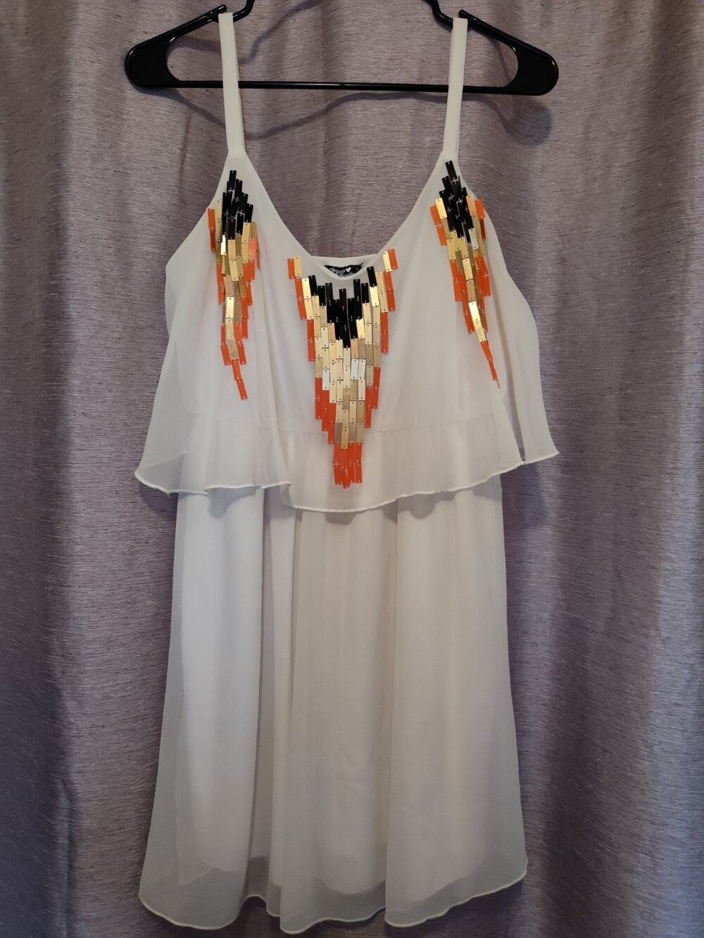 Sequin Hearts Sz Med Wmns White  Blk Orange Gold Rectangle Sequence Blouse
